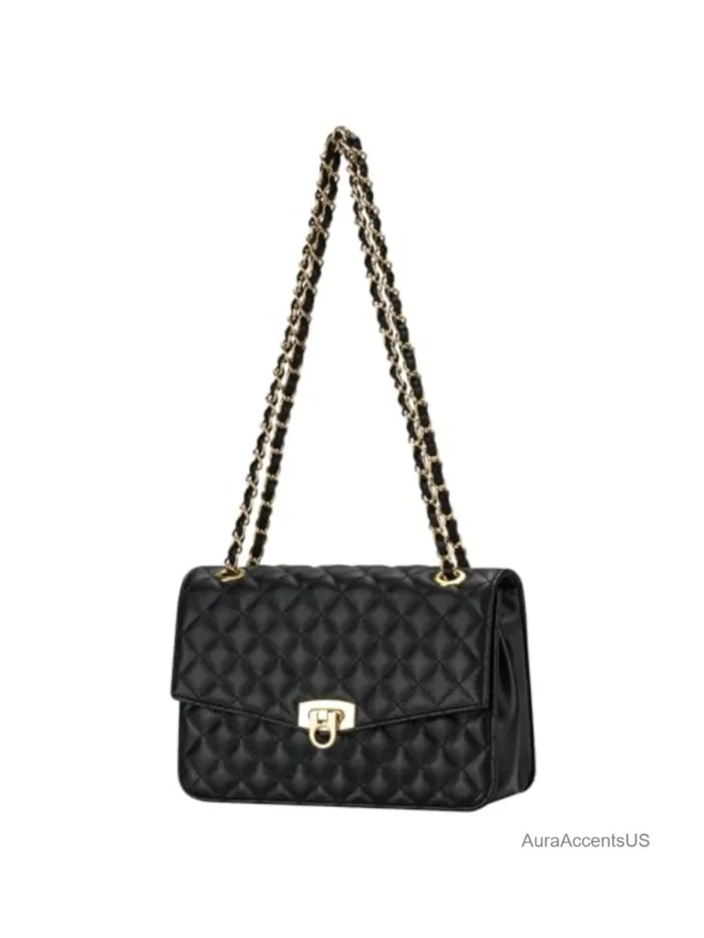 Vegan Leather Quilted Crossbody Bag with Chain Strap